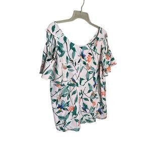 C&E Floral Birt Print Cold‎ Shoulder Top V-Neck Pullover Pink/Multi Size M NWT